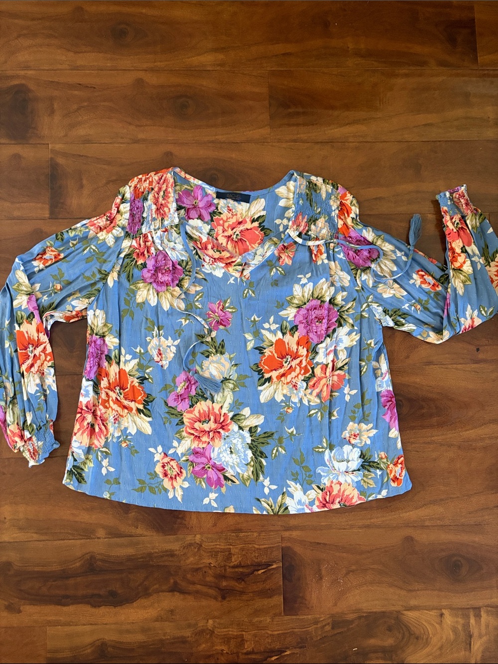 RACHEL Rachel Roy Blue Floral Ruffle-Shoulder Blouse